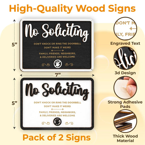 No Soliciting Sign For Home And Office Do Not Knock Or Ring Doorbell Sign, pack of 2 wooden signs in black and white, 5x7 inches