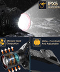Two Pack Rechargeable Headlamp with Beast Bright LED, IPX5 waterproof, efficient heat dissipation, adjustable strap.