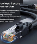 Cat 6 Ethernet Cable Pack 10 Foot 10 Pack Patch Cables With Snagless Gold-Plated RJ45 Connectors For PC TV Router Black Delivers 10 Gbps Speeds Perfect For Gaming And Streaming In Home Or Office Setup showing gold-plated connector and snagless design