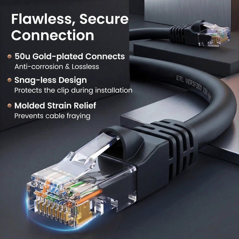 Cat 6 Ethernet Cable Pack 10 Foot 10 Pack Patch Cables With Snagless Gold-Plated RJ45 Connectors For PC TV Router Black Delivers 10 Gbps Speeds Perfect For Gaming And Streaming In Home Or Office Setup showing gold-plated connector and snagless design
