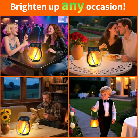 Two Pack Solar Flame Lantern Lights With Flickering Flame Effect for a lit outdoor look in various settings