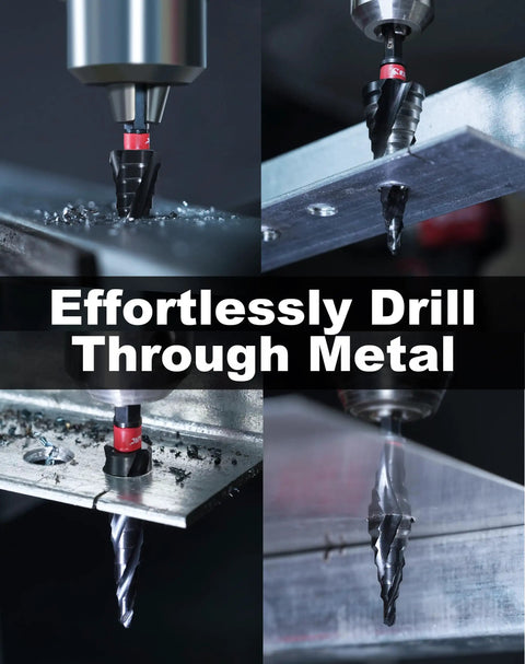 Beefy Pro Grade Step Drill Bit For Metal With M35 Cobalt Coating and Spiral Flute in action drilling through steel and aluminum.