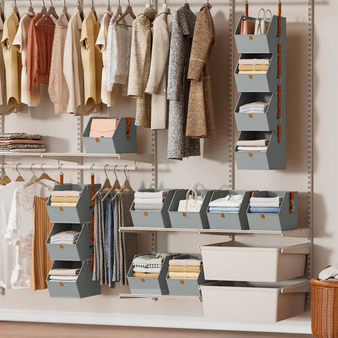 Hanging Closet Organizer 4 Tier With Detachable Fabric Bins And Collapsible Baskets, No Fuss Space Saving Closet System For Home Dorm RV, Easy Access Open Shelf Design, Gray