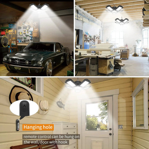 Beast Mode Bright Solar Pendant Light With Remote And Large Solar Panel 228 LEDs Indoor Outdoor Lamp illuminating garage, shop, barn.