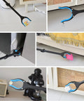Blue ergonomic long-reach grabber tool, extendable from 38 to 44 inches, shown picking up items in various views.