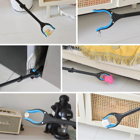 Blue ergonomic long-reach grabber tool, extendable from 38 to 44 inches, shown picking up items in various views.