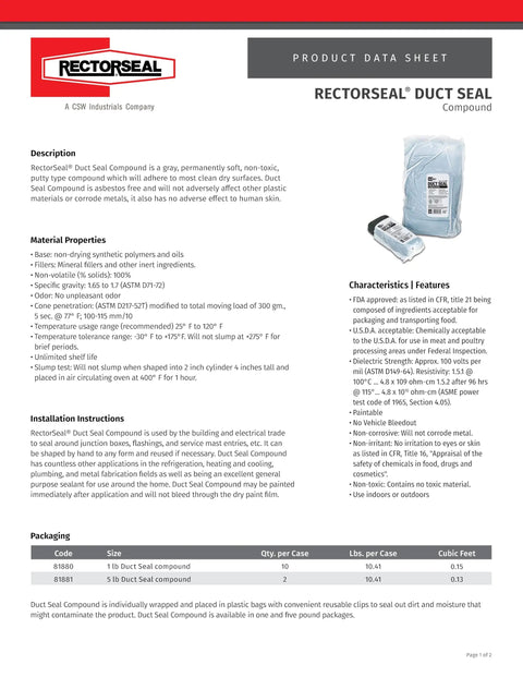 Product data sheet for Duct Seal Compound 1 Lb No Mess Easy To Apply Gray Putty Sealant with product image and specifications.