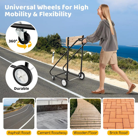 Person pushing Built Tough Heavy Duty Outboard Boat Motor Stand with 330 lbs capacity on asphalt road, showing 4 casters