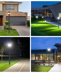 LED Post Top Light With Dusk To Dawn Photocell 5000K Daylight White in various outdoor settings, showing glare-free illumination and IP65 waterproofing.