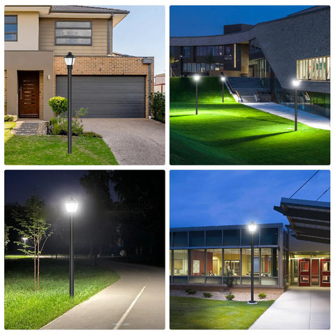 LED Post Top Light With Dusk To Dawn Photocell 5000K Daylight White in various outdoor settings, showing glare-free illumination and IP65 waterproofing.