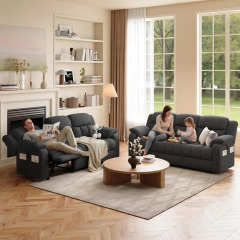 Electric Recliner Sofa Couch With Power Recline, 3 Seater Loveseat In Plush Chenille, Cozy Gray Living Room Setting