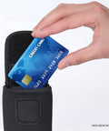 Hand placing credit card into Grab And Go Coin Pouch With Belt Clip And Carabiner For Easy Access Mini Wallet Change Holder For Credit Cards Car Keys FOBs And Cash Everyday Carry Belt Pouch For Men Women And Kids.