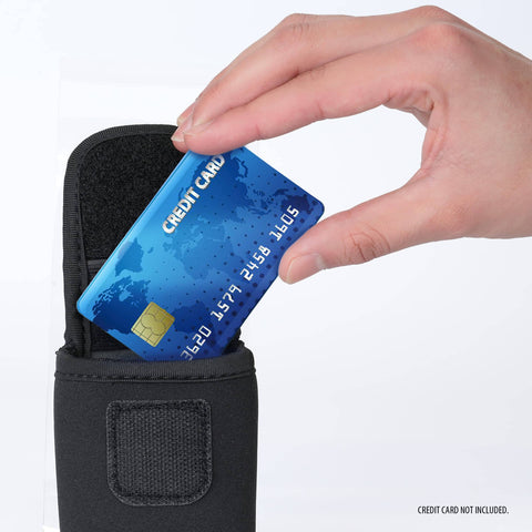 Hand placing credit card into Grab And Go Coin Pouch With Belt Clip And Carabiner For Easy Access Mini Wallet Change Holder For Credit Cards Car Keys FOBs And Cash Everyday Carry Belt Pouch For Men Women And Kids.