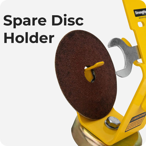 Heavy Duty Magnetic Power Grinder Rest With Rock Solid Mag Base For 5 Inch Angle Grinders showing spare disc holder and wrench.
