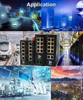 Rugged Outdoor Industrial 10 Port Gigabit Ethernet Switch in diverse applications like trains, surveillance, and industrial environments.