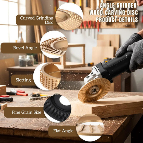 Pro Grade Wood Carving Disc Kit For 4 And 4.5 Inch Angle Grinders with 7/8 Inch Arbor in use on wood piece