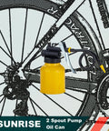 8 oz dual spout metal pump oiler in yellow with bike background