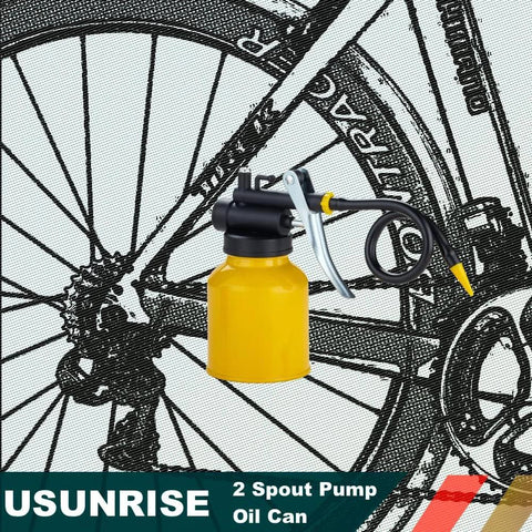 8 oz dual spout metal pump oiler in yellow with bike background