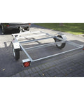Rear view of Aluminum 5x8 Utility Trailer Kit with Rustproof Frame 1715 Lb Payload and 1980 Lb GVWR attached to vehicle