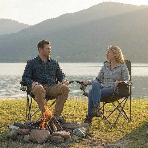 Two people sitting on Heavy Duty Folding Chairs With Built In 4 Can Cooler Bag And Cup Holders, 250 Lbs Capacity, 2 Pack by a lake