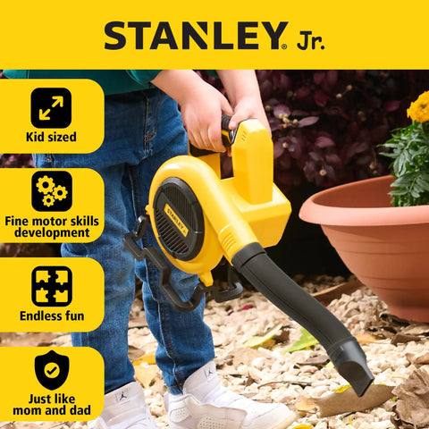 Child using Battery Powered Kids Leaf Blower Toy For Outdoor Play, Realistic Yet Safe Kid Friendly Pretend Garden Tool for play