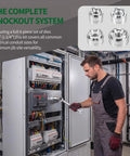 Heavy Duty Ratchet Knockout Punch Kit Includes Four Precision Dies For 1/2 To 1 1/4 Inch Electrical Conduit And Panel Hole Cutting in use at electrical panel.