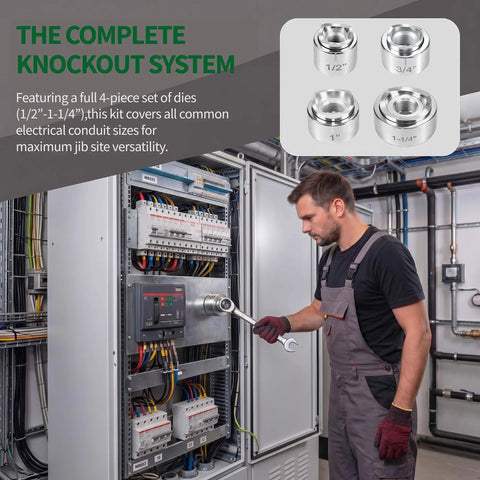 Heavy Duty Ratchet Knockout Punch Kit Includes Four Precision Dies For 1/2 To 1 1/4 Inch Electrical Conduit And Panel Hole Cutting in use at electrical panel.
