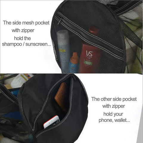 XXL Mesh Duffle Bag For Scuba Snorkel Gear And Water Sports Equipment with side pockets holding sunscreen and phone
