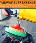 Beefed Up Buff Extender For Buffing Wheels Aluminum Extension Shaft in use, attached to rotary polisher on car surface.