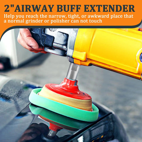 Beefed Up Buff Extender For Buffing Wheels Aluminum Extension Shaft in use, attached to rotary polisher on car surface.