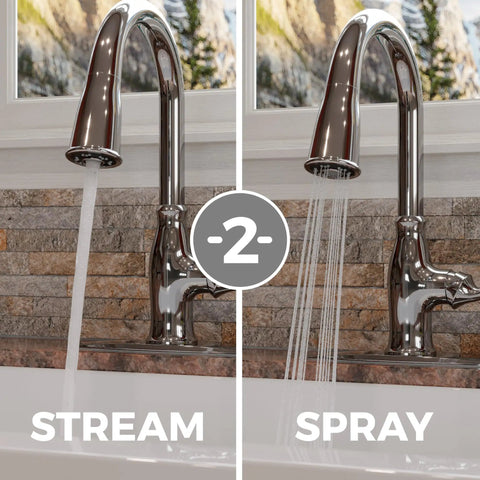 Rosslyn Kitchen Faucet With Pull Down Sprayer And Soap Dispenser, Single Handle, High Arc Spout, NSF Certified, Polished Chrome Finish