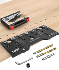 Precision 7 Hole Shelf Pin Jig And Woodworking Drill Guide with accessories on wooden surface for easy DIY projects.
