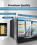 Heavy Duty 70 Cubic Foot Commercial Freezer With Swinging Glass Doors And Led Top Panel Upright Reach In Merchandiser Cabinet showing features like low-e glass and prepainted aluminum.