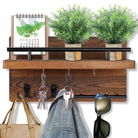 Wall Mounted Key Holder And Hangers With Five Key Hooks No Fuss Wooden Mail Rack Organizer With Shelf Rustic Home Decor
