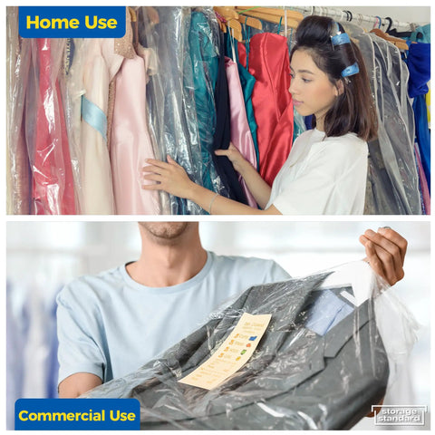 Person using 60 Pack 40 Inch Clear Garment Bags For Dry Cleaning Easy Clip On Plastic Clothes Covers For Hanging Suits Coats Shirts And Pants Wrinkle Free Protection During Travel And Storage