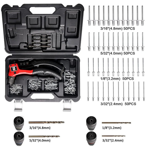 Rivet Gun Kit With 200 Aluminum Rivets And Four Drill Bits DIY Manual Hand Riveter With Rugged Carrying Case For Home Projects And Auto Body Fixes For Home Hobbyists