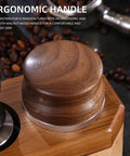 53mm Espresso Distributor And Pro Grade Adjustable Depth Tamper Leveler With Walnut Wood Handle on wooden counter
