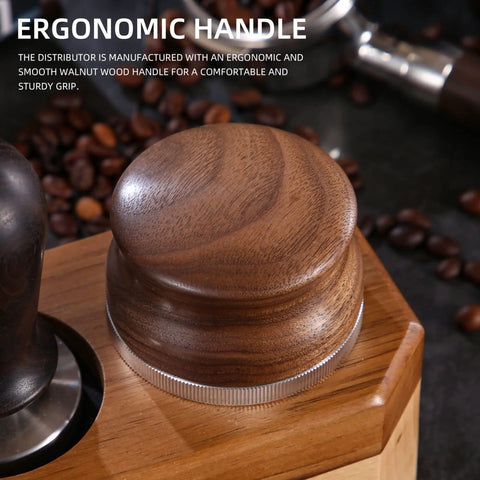 53mm Espresso Distributor And Pro Grade Adjustable Depth Tamper Leveler With Walnut Wood Handle on wooden counter