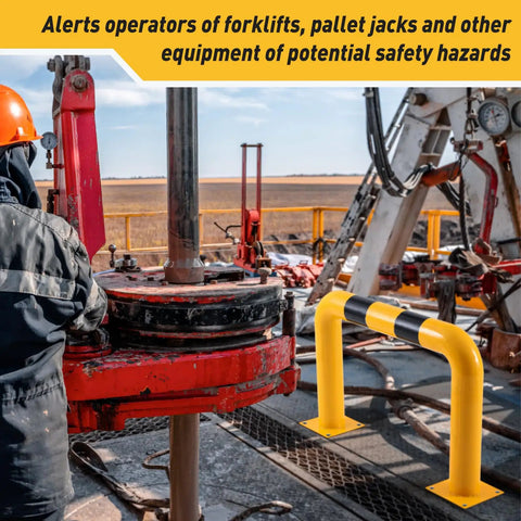Beefy Heavy Duty Steel Machine Guard Barrier near factory machinery, 36x24 inches, yellow with black stripe, 4.5 inch OD posts.