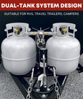 Dual Tank RV Propane Regulator Kit With Two 18 Inch Pigtail Hoses And Gauge And 48 Inch Outlet Extension Braided QCC1 installed on trailer