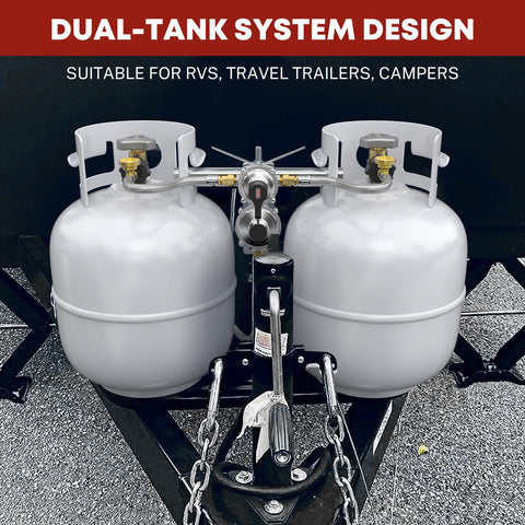 Dual Tank RV Propane Regulator Kit With Two 18 Inch Pigtail Hoses And Gauge And 48 Inch Outlet Extension Braided QCC1 installed on trailer