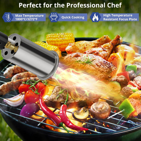 Powerful Propane Torch For Grillin And Cookin, Grilling Steak, Searing, Sous Vide, Welding, And Wood Burning, Adjustable Flame shown in use on BBQ grill
