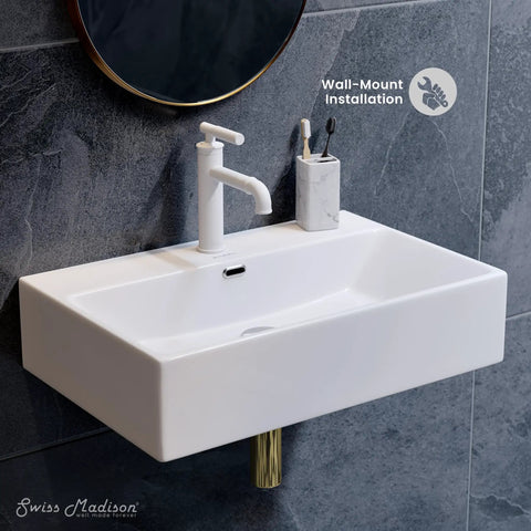 24 Inch Rectangle Wall Mount Bathroom Sink Sleek Space Saving Ceramic Vanity Basin With Durable Non Porous Scratch Resistant Finish No Fuss Easy Wall Mount Installation