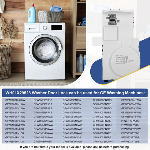 Top Notch Washer Door Lock Replacement Fits Whirlpool Maytag GE Appliances Wh01x29528 Ap6985313 displayed next to a washing machine.
