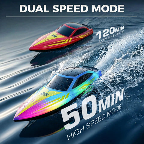Two Pack 10 Inch RC Boats With LED Lighting Effects, 120 Minute Run Time, 15 KPH Speed racing on water, red and blue colors