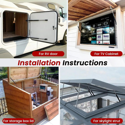 Installation of Universal 10mm Ball Stud Strut Mounting Bracket Kit for RV door, TV cabinet, storage box lid, and skylight strut.