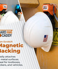 All In One PPE Organizer For Hard Hats With Magnetic Backing, Belt Clip And Hook on metal surface with safety warnings.