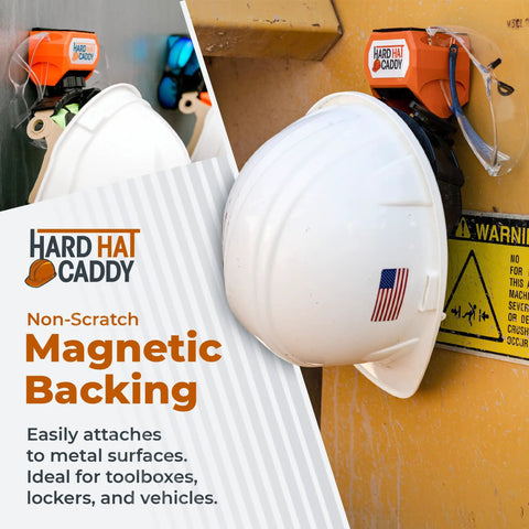 All In One PPE Organizer For Hard Hats With Magnetic Backing, Belt Clip And Hook on metal surface with safety warnings.