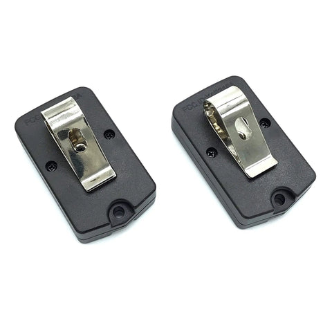 Back view of Mighty Mule RB741 FM135 Remote Transmitter Compatible 12V Battery 23A Visor Clip Included 3 Pack showing visor clips