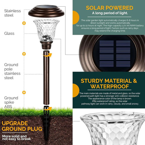 8 Pack Solar Pathway Lights Outdoor Warm White 3500K Waterproof LED Path Lights For Yard with clear glass lampshade diagram